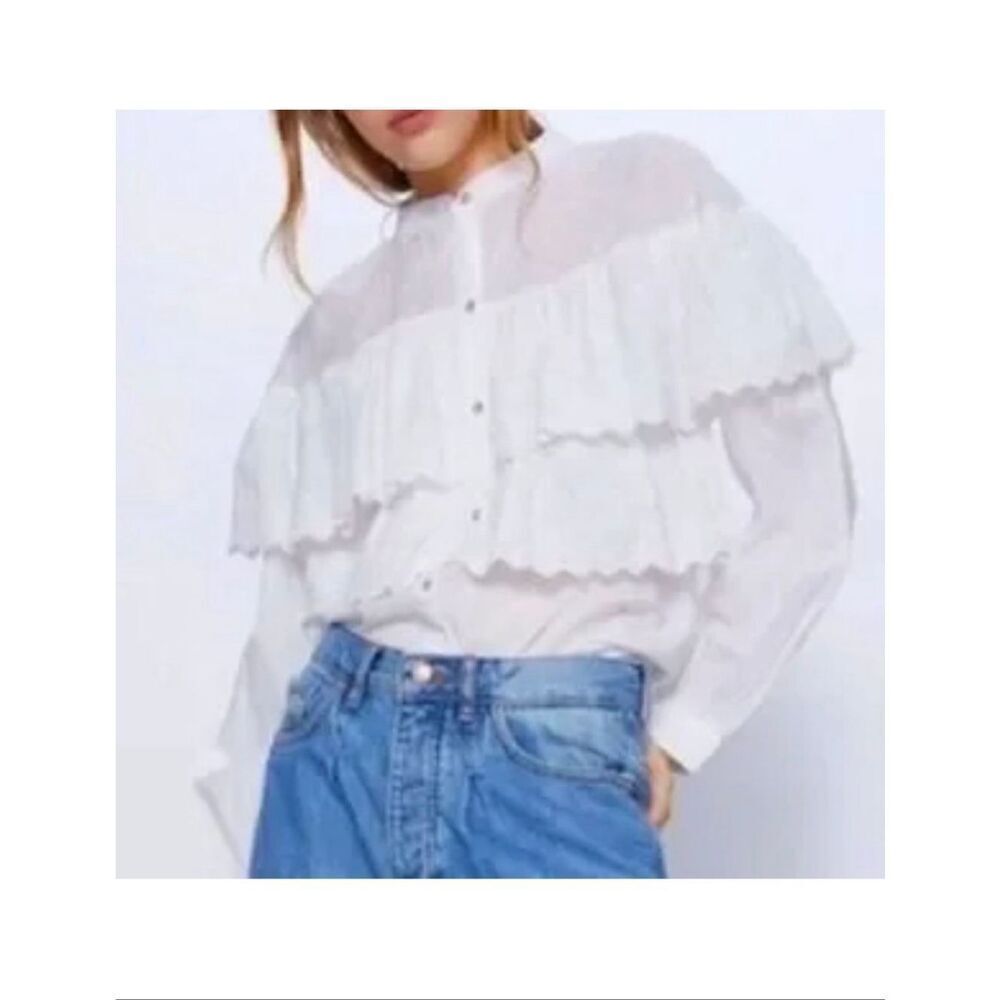 ZARA Poplin Shirt With Eyelet Embroidery Ruffle Small